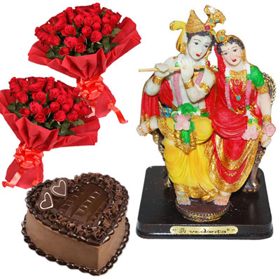 "Radha krishna Idol in sitting position, Flower Bunches (2no.), Cake - Click here to View more details about this Product